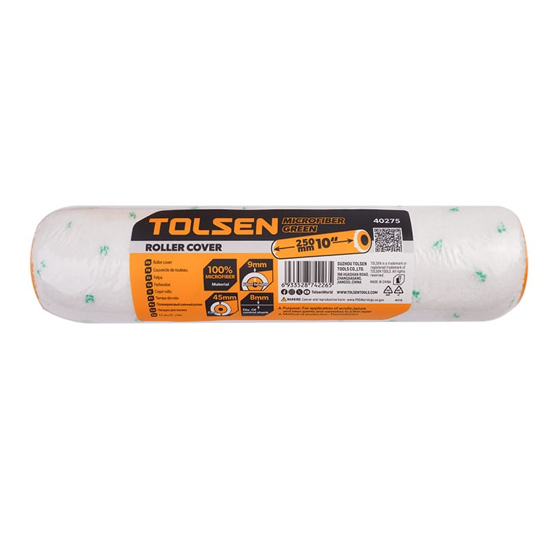 Tolsen 40275 microfiber roller cover packaging 10-inch 250mm size for acrylic and latex paints.