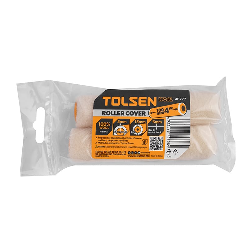 Packaging of Tolsen 40277 wool roller cover 4-inch 100mm set containing two refills for enamel and varnish.
