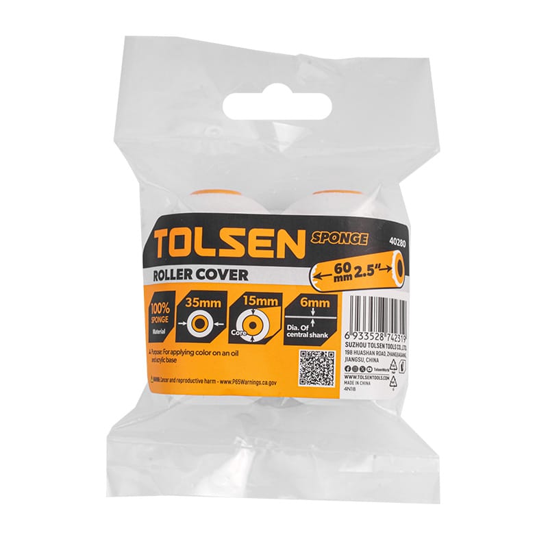 Packaging of Tolsen 40280 sponge roller cover set 2.5-inch 60mm for applying color on oil and acrylic base.