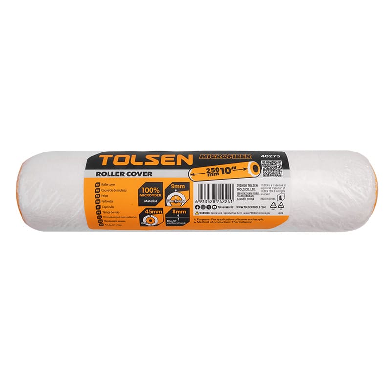 Packaging for Tolsen Craft 10-inch microfiber roller cover, item 40273, for large surface painting.