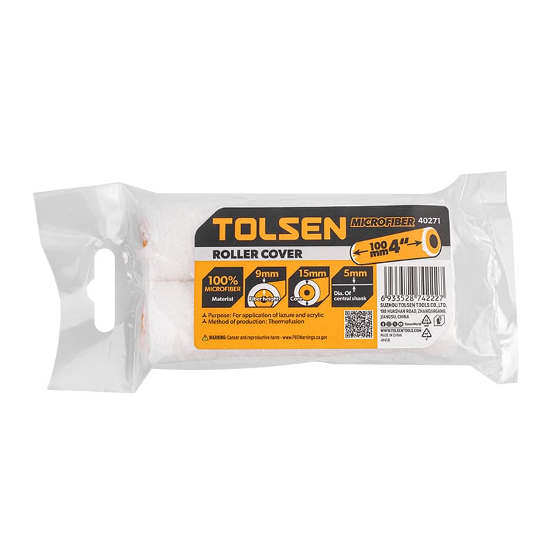 Packaging of Tolsen Craft 4-inch microfiber roller covers, item 40271, with 9mm fiber height.