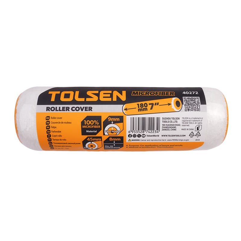Tolsen Craft 7-inch microfiber roller cover packaging showing 9mm nap and 45mm core specs.