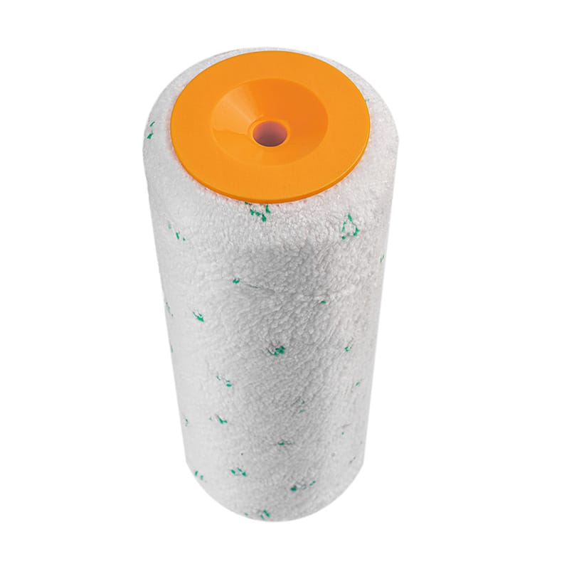 Close-up view of Tolsen microfiber roller cover texture and orange core showing white fabric with green pattern.