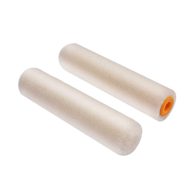 Pair of Tolsen 4-inch wool paint roller refills with orange cores showing smooth fabric texture.