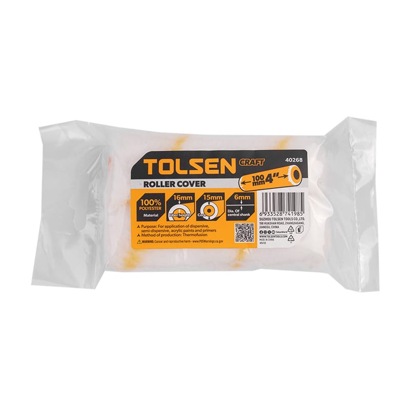 Packaging of Tolsen Craft 4-inch polyester roller covers with yellow stripes, item 40268.