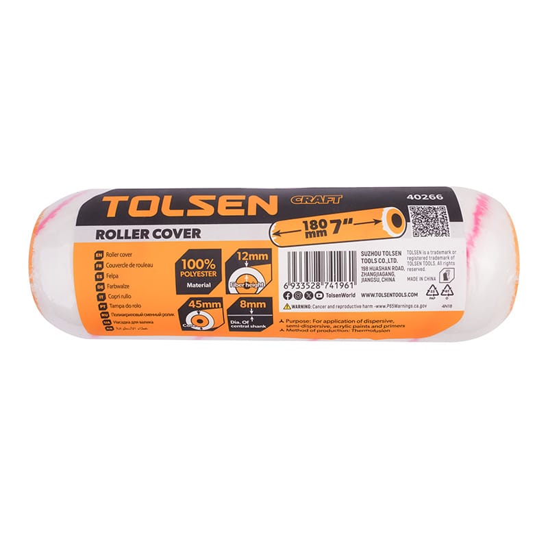 Tolsen Craft series 7-inch polyester roller cover packaging showing 12mm nap and 45mm core specs.