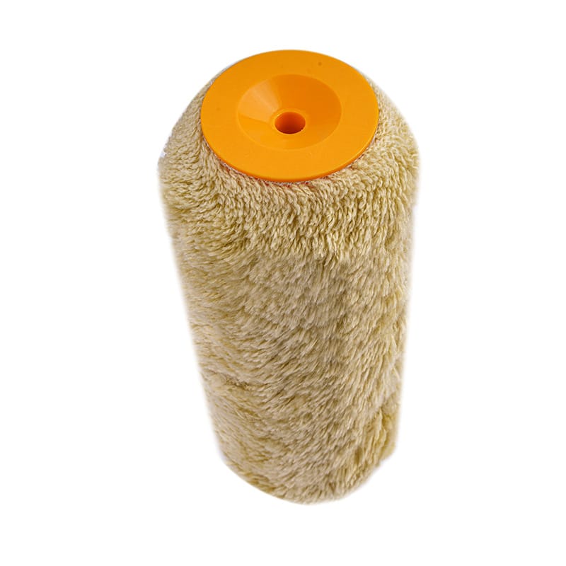 Top-down view of Tolsen yellow acrylic paint roller showing the 18mm fiber height for excellent paint absorption.