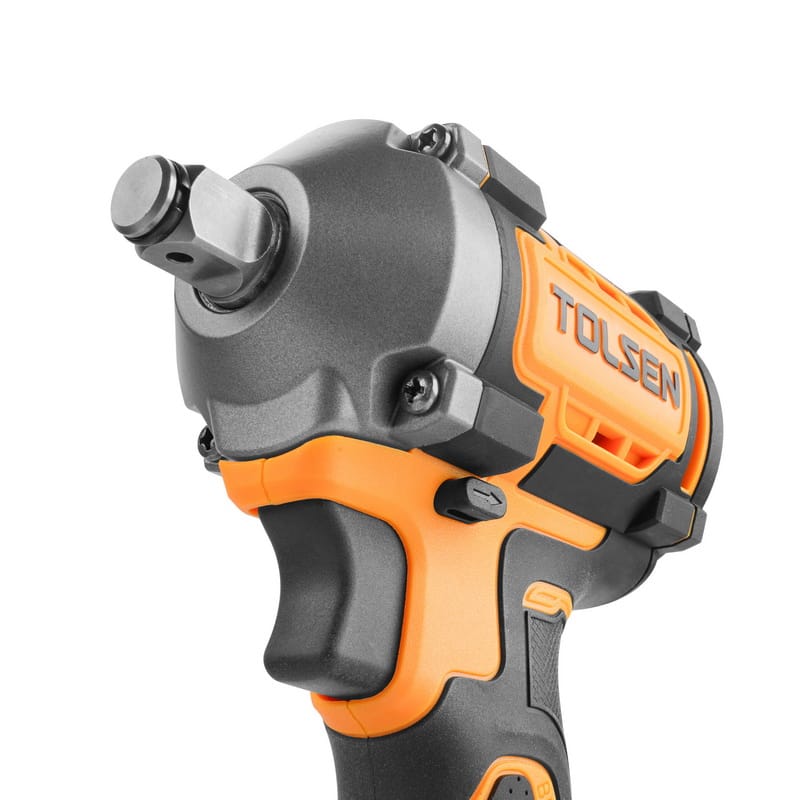 Angled close-up of the Tolsen 20V brushless cordless impact wrench head, showing the TOLSEN logo