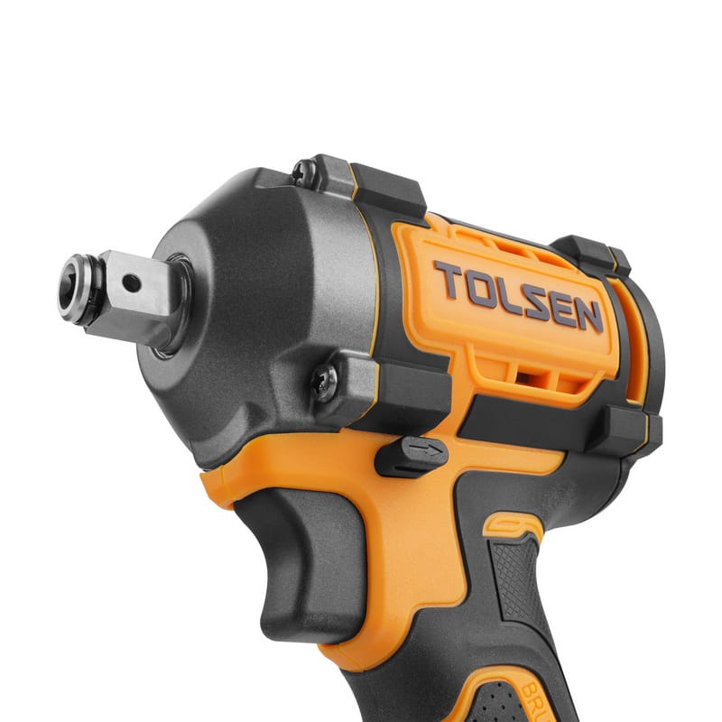 Angled close-up of the Tolsen 20V brushless cordless impact wrench head, showing the TOLSEN logo