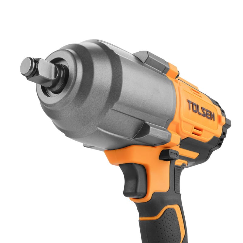Angled close-up of the Tolsen 20V high torque brushless cordless impact wrench head, showing the TOLSEN logo