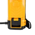 Close-up of TOLSEN 20V Cordless Backpack Sprayer base unit showing battery compartment and hose connection