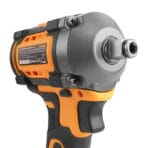 Close-up view of the Tolsen 20V Li-ion brushless cordless impact wrench, highlighting the product label and the impact head