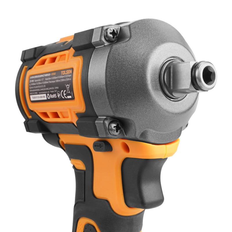Close-up view of the Tolsen 20V Li-ion brushless cordless impact wrench, highlighting the product label and the impact head
