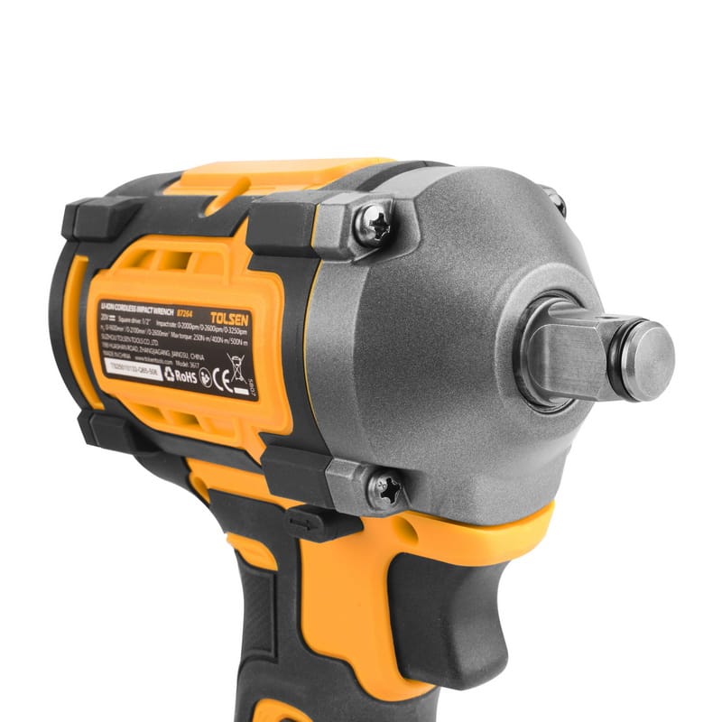 Close-up view of the Tolsen 20V brushless cordless impact wrench, highlighting the product label and the impact head