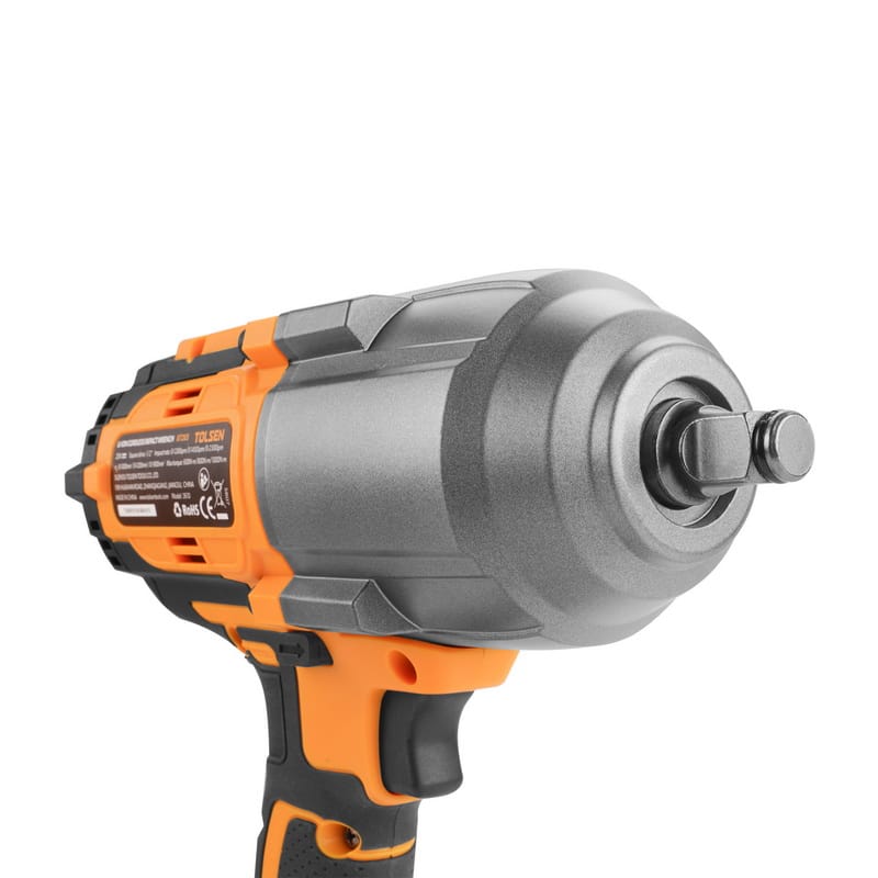 Close-up view of the Tolsen 20V high torque brushless cordless impact wrench, highlighting the product label and the impact head