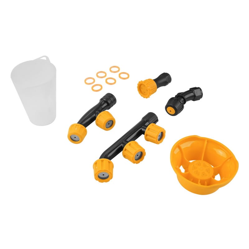 Plastic irrigation accessories for TOLSEN 20V Cordless Backpack Sprayer, including spray nozzles, O-rings, and distribution hub