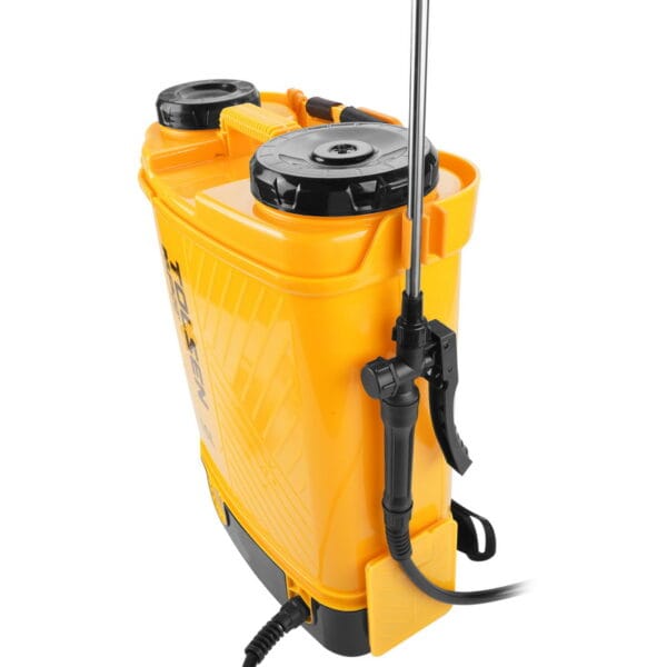 TOLSEN 20V cordless backpack sprayer angled side view showing tank and spray wand