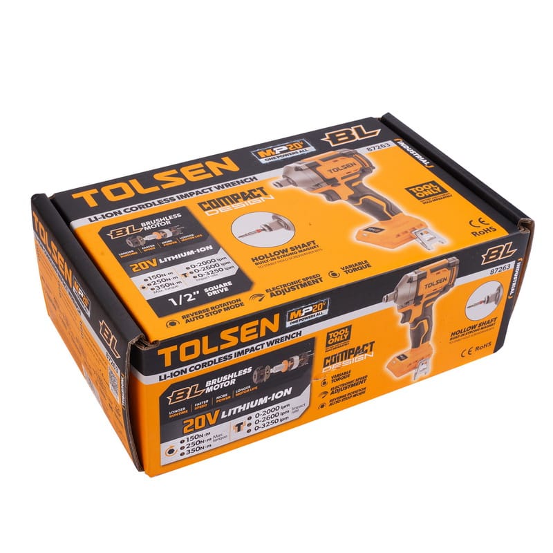 Tolsen 20V Li-ion brushless cordless impact wrench in the retail packaging, color box