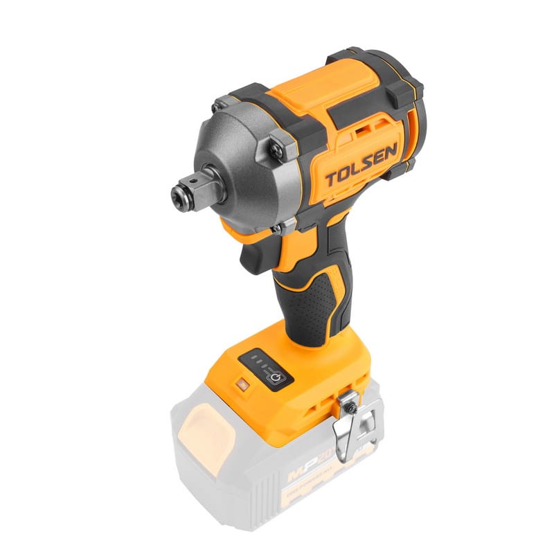 Tolsen 20V Li-ion brushless cordless impact wrench, three-quarter front view angle