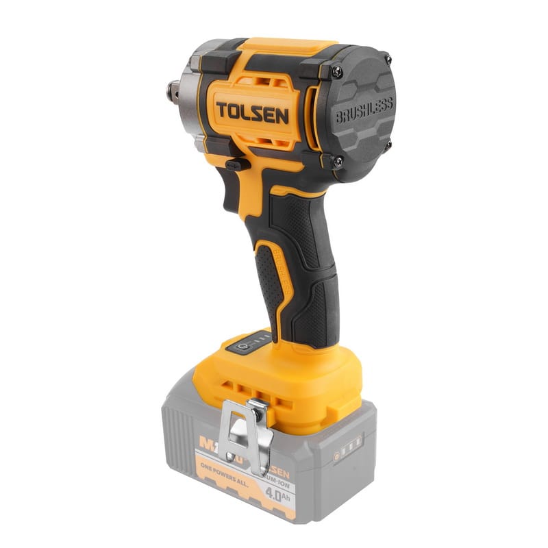 Tolsen 20V brushless cordless impact wrench, a front view showing the BRUSHLESS and TOLSEN logos on the head