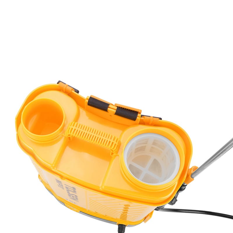 Top view of TOLSEN 20V Cordless Backpack Sprayer with dual screw caps, mesh filter, and shoulder straps