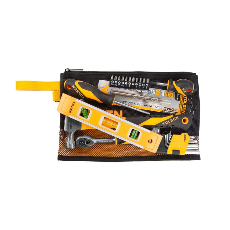 A TOLSEN zippered tool bag holding a hammer, level, ratchet, and other hand tools.