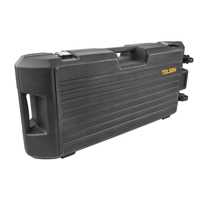 Black tool case with yellow TOLSEN logo and metal latches designed for storing 1600w demolition hammer and accessories