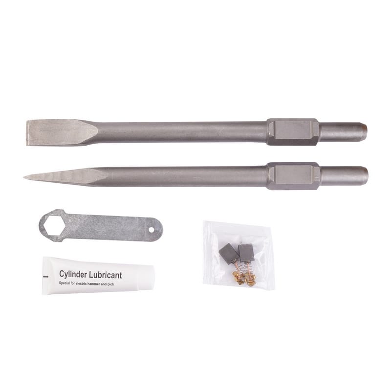 Chisel bits, lubricant, carbon brushes, and wrench accessories for maintaining and operating TOLSEN 1600w demolition hammer