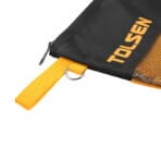Close-up of the corner of the TOLSEN tool bag, showing the zipper pull and yellow hanging strap