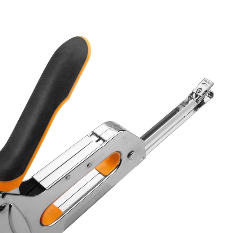 Close-up of the quick-release loading mechanism and spring track on a TOLSEN heavy duty staple gun