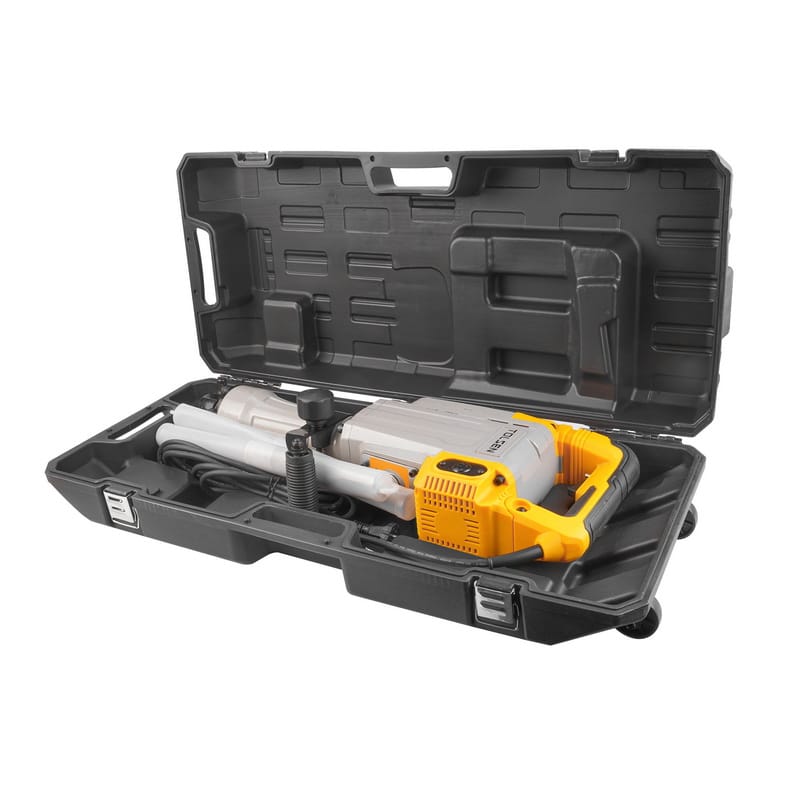 TOLSEN 1600w heavy-duty demolition hammer neatly packed in black hard case with molded compartments