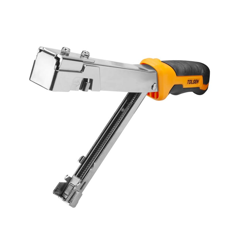 TOLSEN Hammer Tacker in open position, showing internal staple loading mechanism