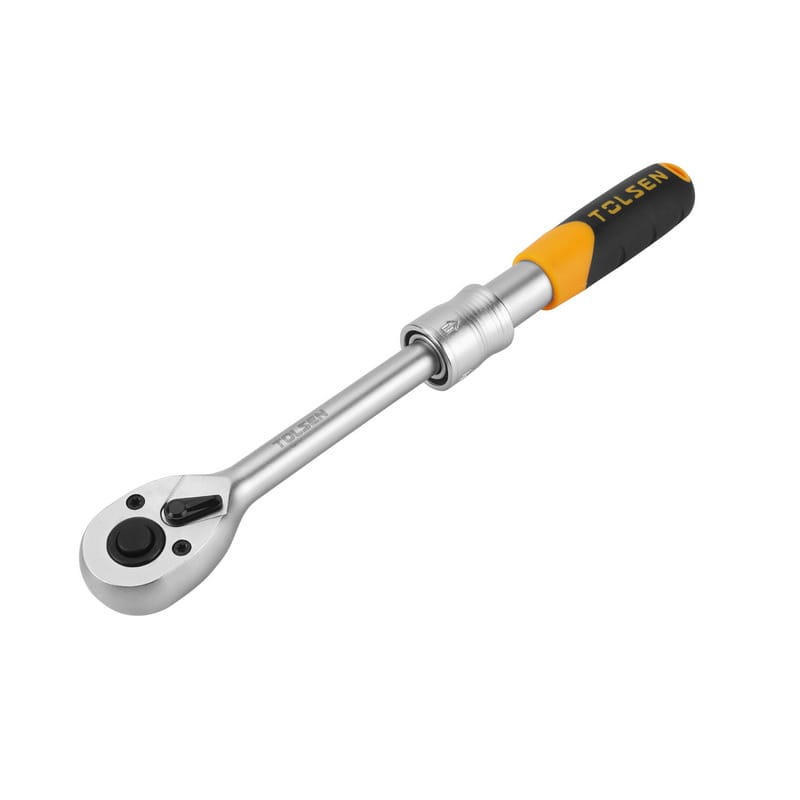 Back view of the TOLSEN 1/4-inch drive extendable ratchet handle in its compact position, showing the quick-release button and direction lever.