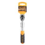 TOLSEN 1/4-inch telescopic ratchet wrench with retail hang tag, highlighting the CrMo 72T gear mechanism and 170-230mm extendable length.