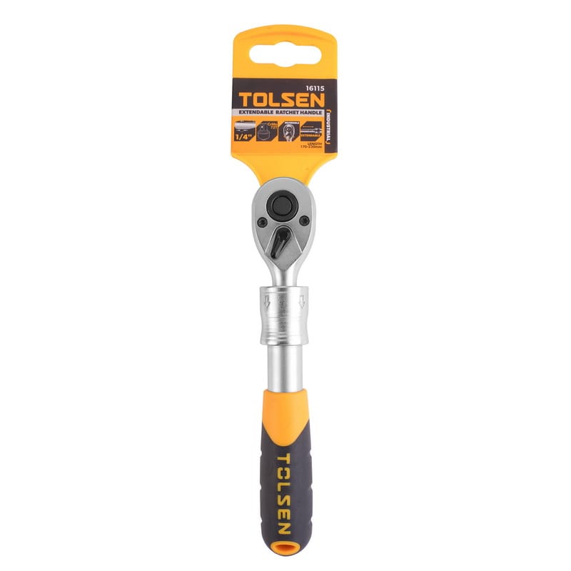 TOLSEN 1/4-inch telescopic ratchet wrench with retail hang tag, highlighting the CrMo 72T gear mechanism and 170-230mm extendable length.