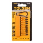 Retail packaging of TOLSEN HardStrike 10pcs impact screwdriver bit set model 20580, featuring S2 industrial steel and torsion zone technology.