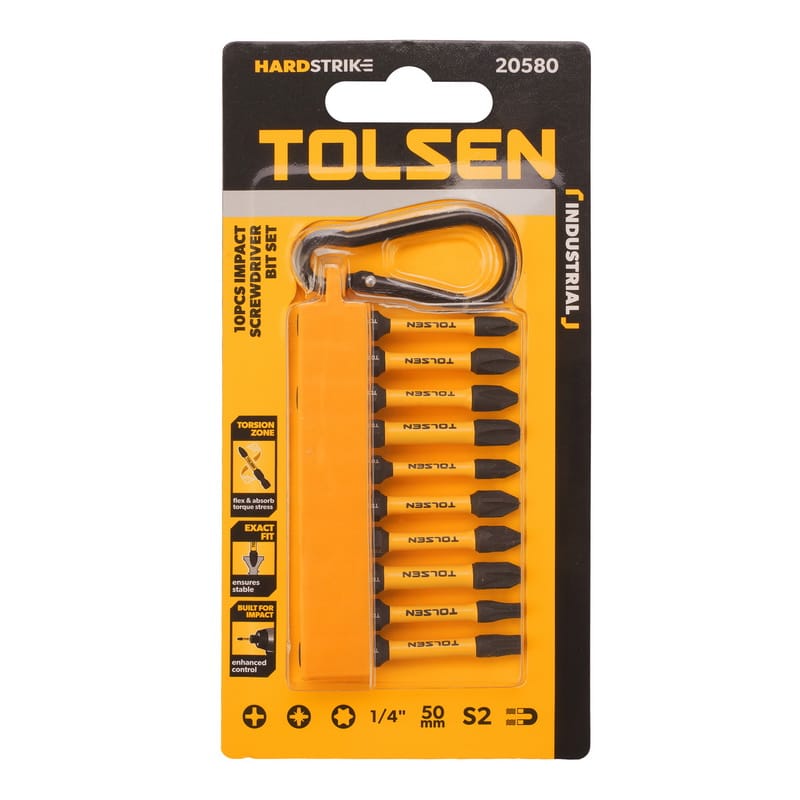 Retail packaging of TOLSEN HardStrike 10pcs impact screwdriver bit set model 20580, featuring S2 industrial steel and torsion zone technology.