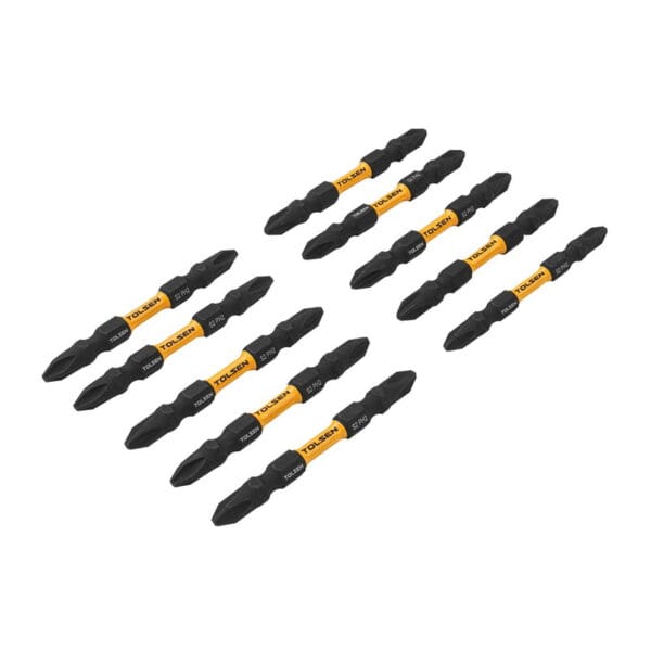 Set of 10 TOLSEN S2 steel double ended impact screwdriver bits, size PH2 x 65mm, featuring a yellow torsion zone for high torque applications.