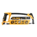 TOLSEN 12-inch (300mm) Hacksaw Frame with its retail packaging card, highlighting the square steel tube frame and 0°/45° adjustable blade angles.