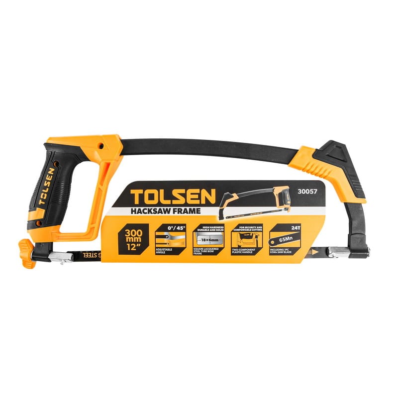 TOLSEN 12-inch (300mm) Hacksaw Frame with its retail packaging card, highlighting the square steel tube frame and 0°/45° adjustable blade angles.