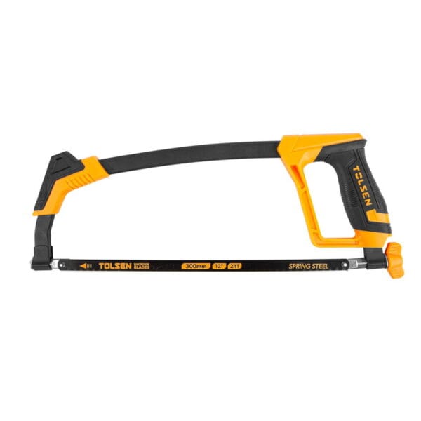 Full flat profile view of the TOLSEN 12-inch heavy-duty hacksaw frame, showing the black square tubular bow and an installed 24T spring steel blade.