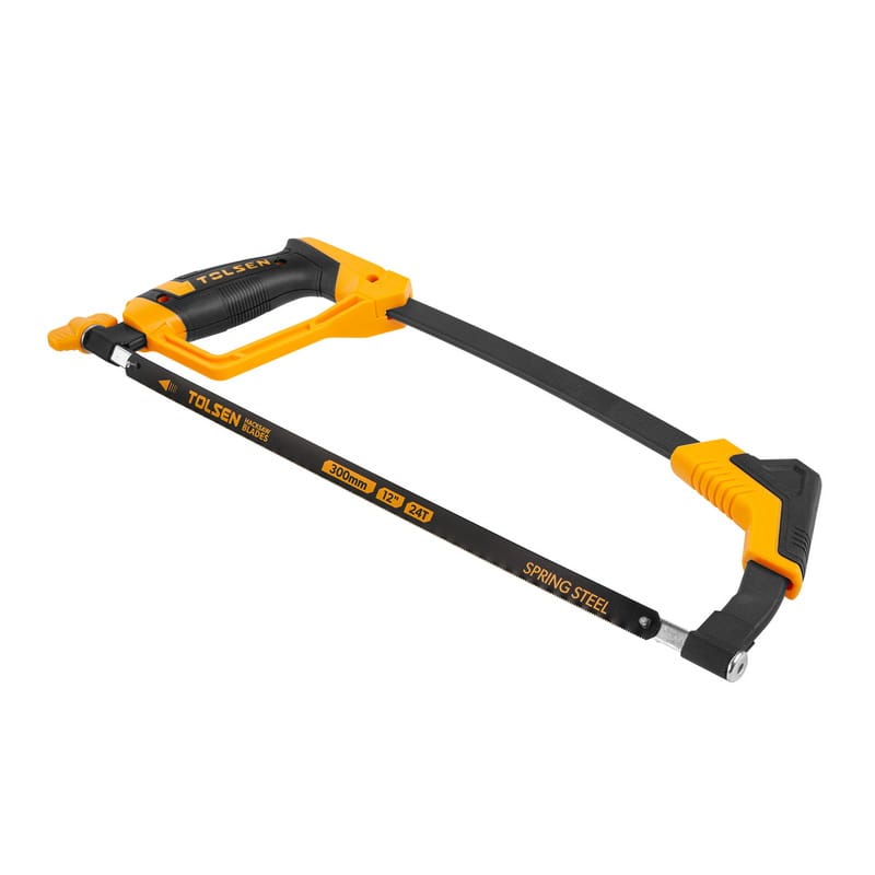 Angled view of the TOLSEN 12-inch square tube hacksaw frame, demonstrating the robust design and secure blade mounting mechanism.