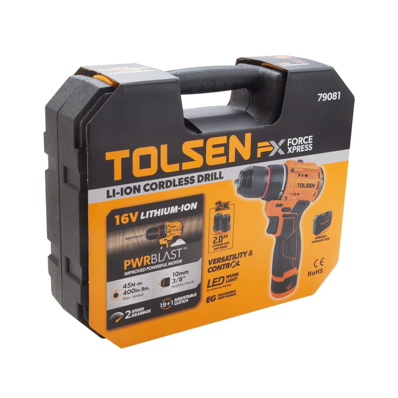 Retail packaging for TOLSEN 16V Li-ion cordless drill