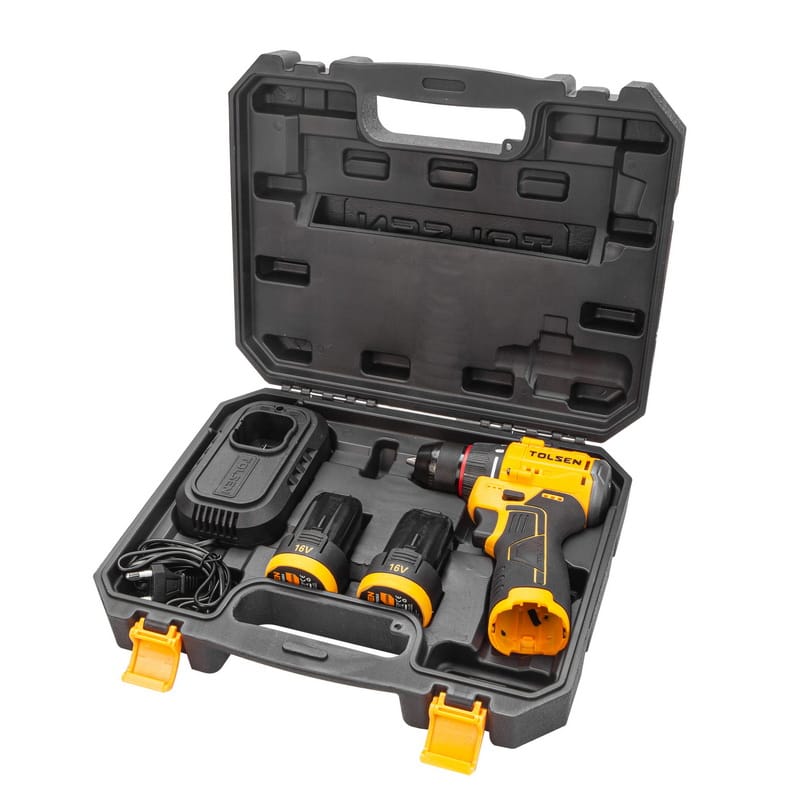 Complete TOLSEN 16V cordless drill kit inside open case featuring drill driver, two batteries, and a charger.