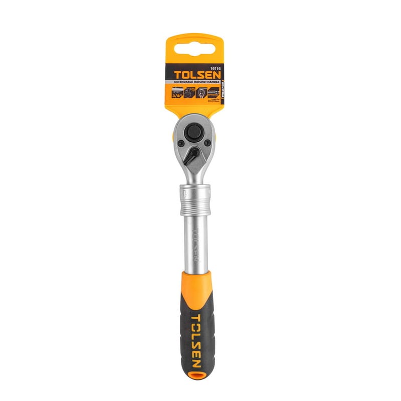 TOLSEN 3/8-inch extendable ratchet handle with retail hang tag, highlighting the CrMo 72T gear and 215-315mm extendable length feature.