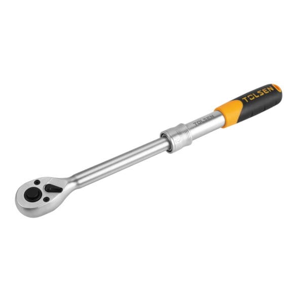 Angled back view of the TOLSEN 3/8-inch telescoping ratchet handle in its shortest position, ready for tight space applications.