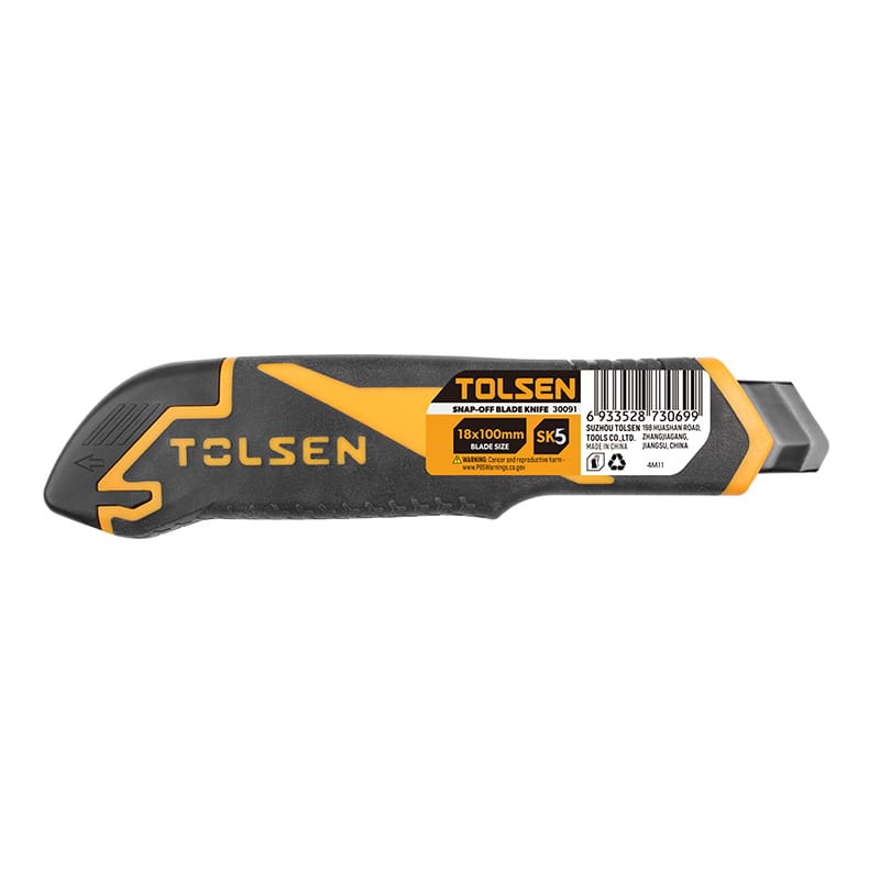 Back view of Tolsen 30091 utility knife showing product barcode and SK5 18x100mm blade specifications.