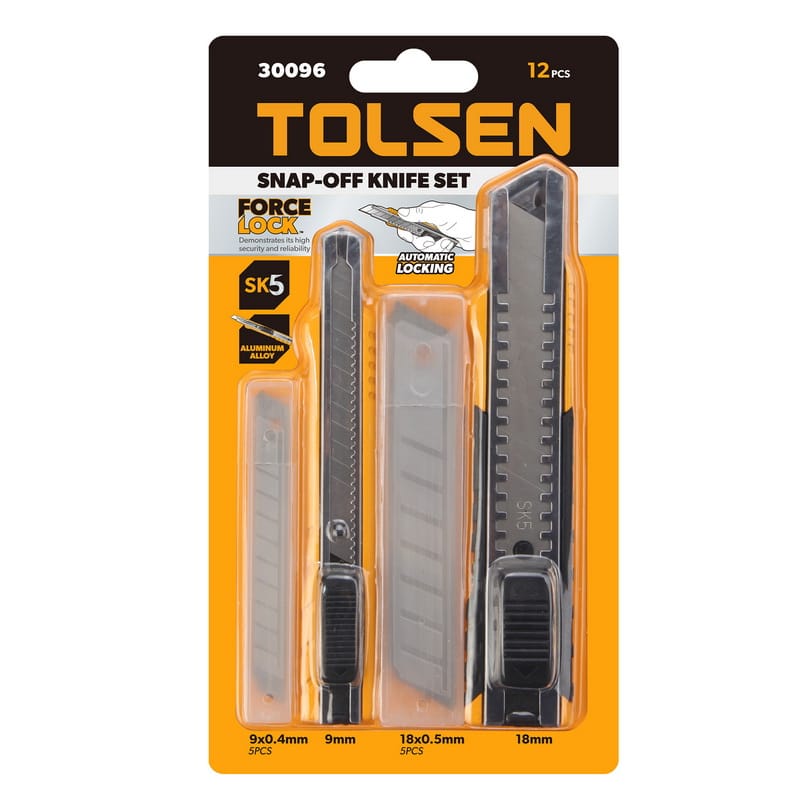 Retail blister packaging of Tolsen 30096 Snap-off Knife Set, including one 18mm knife, one 9mm knife, and 10 spare SK5 blades.