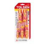 Retail blister packaging of Tolsen 38112 5-piece VDE insulated screwdriver set, showing 1000V safety rating and GS certification.