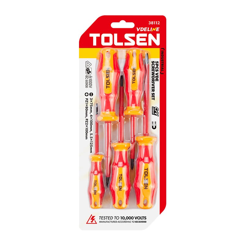 Retail blister packaging of Tolsen 38112 5-piece VDE insulated screwdriver set, showing 1000V safety rating and GS certification.